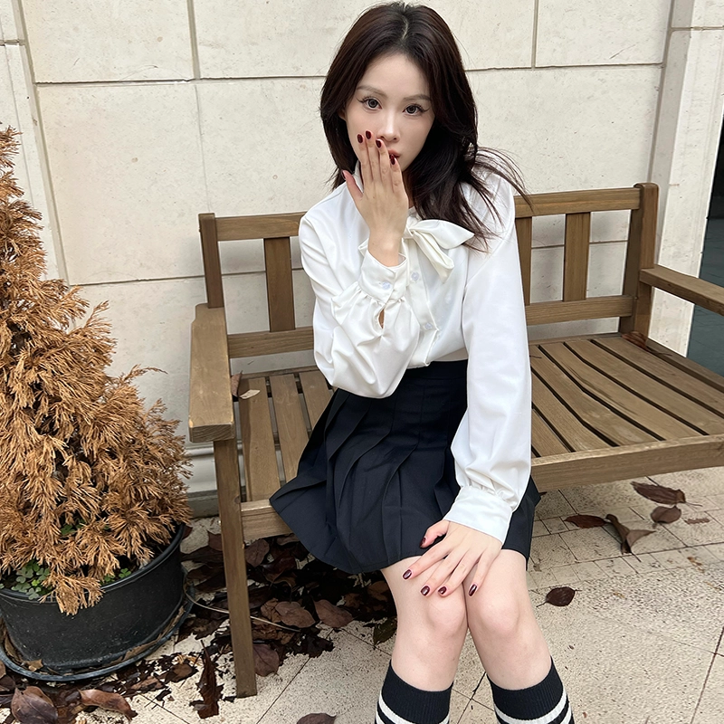 九条喵 蝴蝶结纯色单排扣长袖衬衫 女款 白色