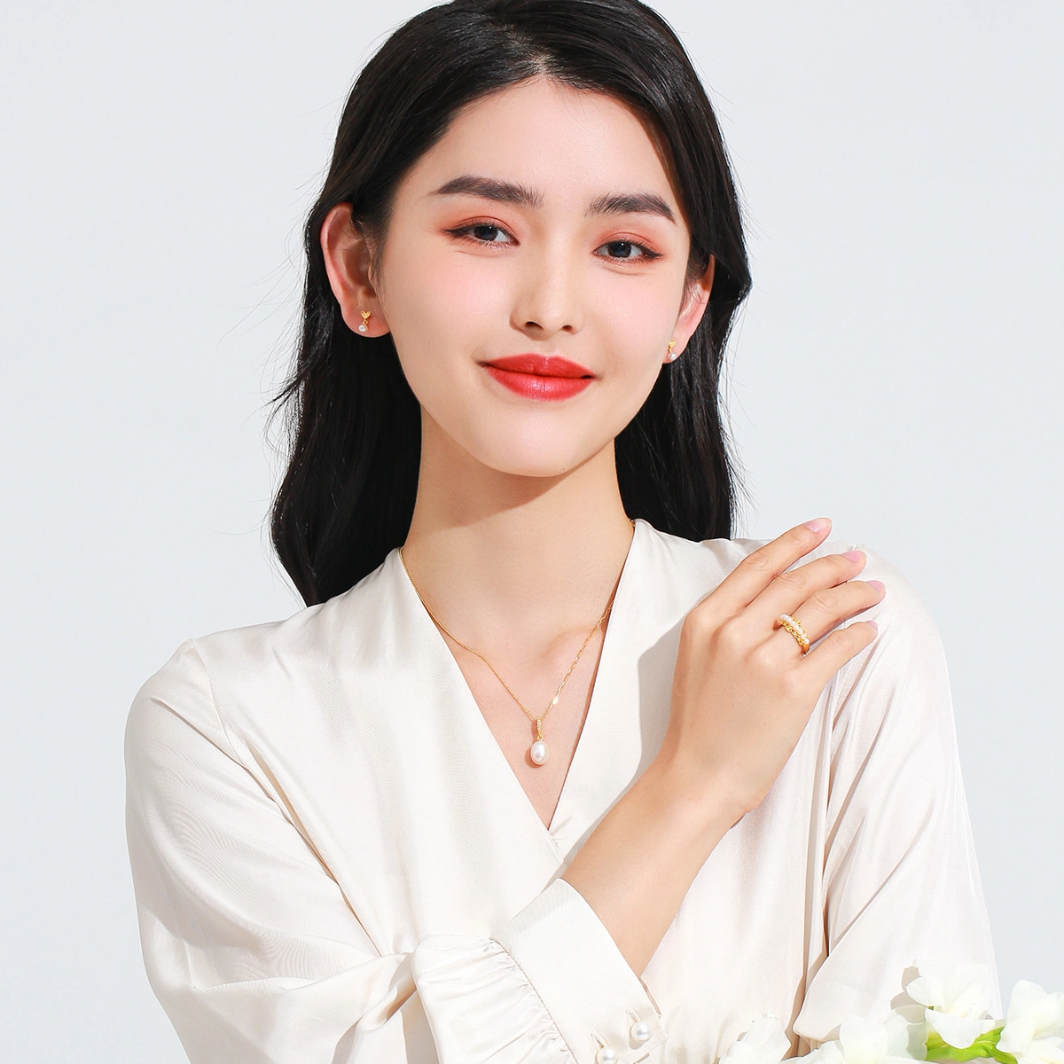 老庙黄金吊坠 古法黄金镶嵌锆石珍珠足金吊坠女生挂坠优雅大气