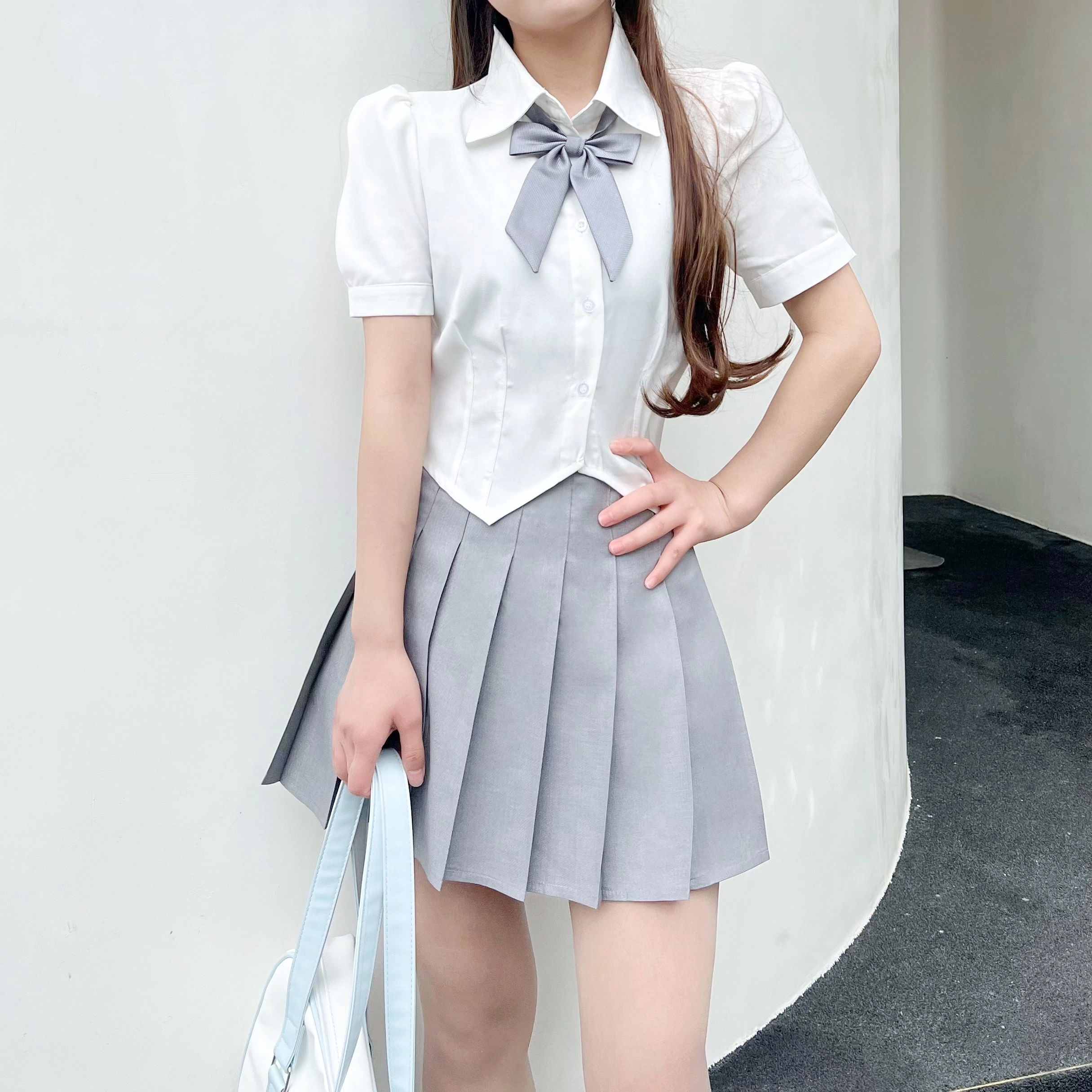 九条喵 纯色领带修身收腰短袖衬衫制服上装 女款 白色