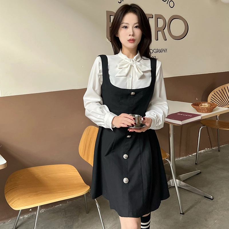 九条喵 蝴蝶结衬衫背带连衣裙套装 女款