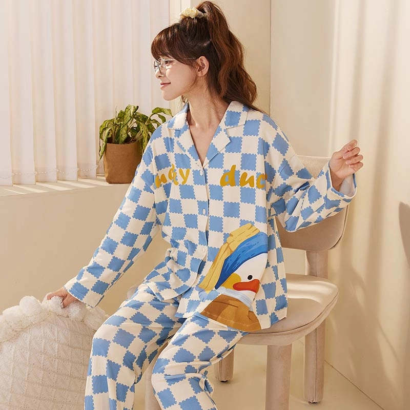 怡吾色 清新蓝色系印花可爱鸭家居服套装 可外穿睡衣 情侣款