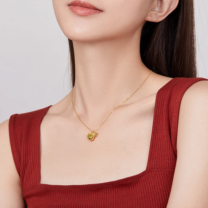周六福金镶玉吊坠女葫芦镶和田玉福禄双全 不含链条