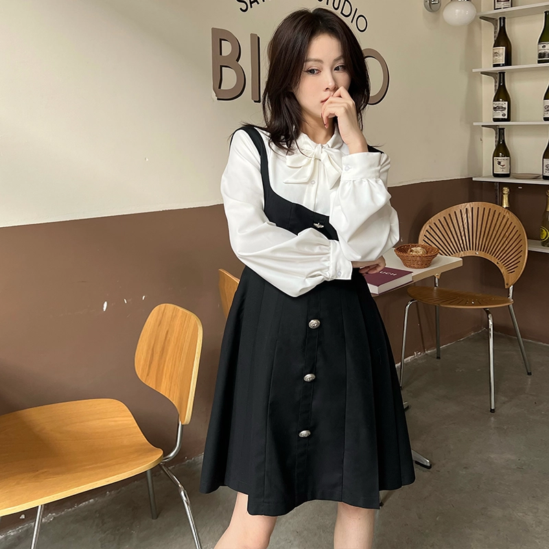 九条喵 蝴蝶结衬衫背带连衣裙套装 女款