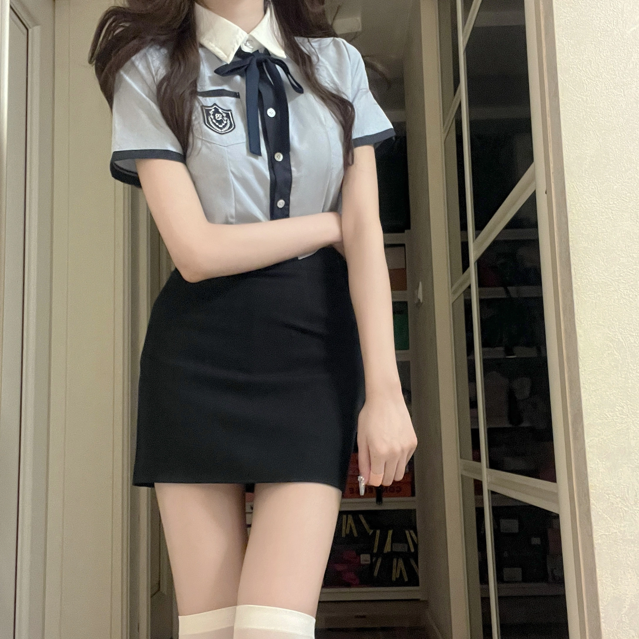 花山家的猫 拼接短款短袖衬衫纯色包臀裙制服套装 女款