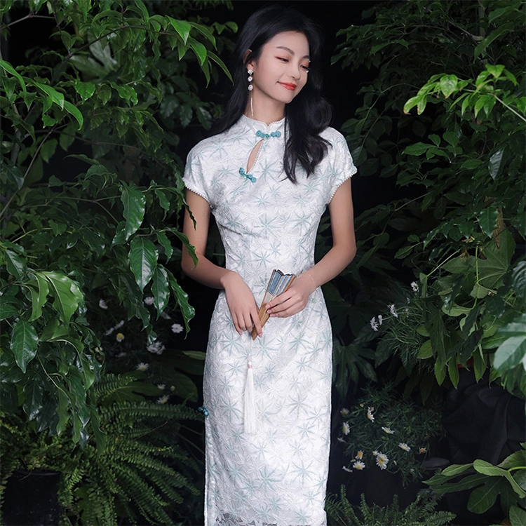 槿爷东方 蕾丝纽扣高领开叉短袖旗袍 女款 淡绿