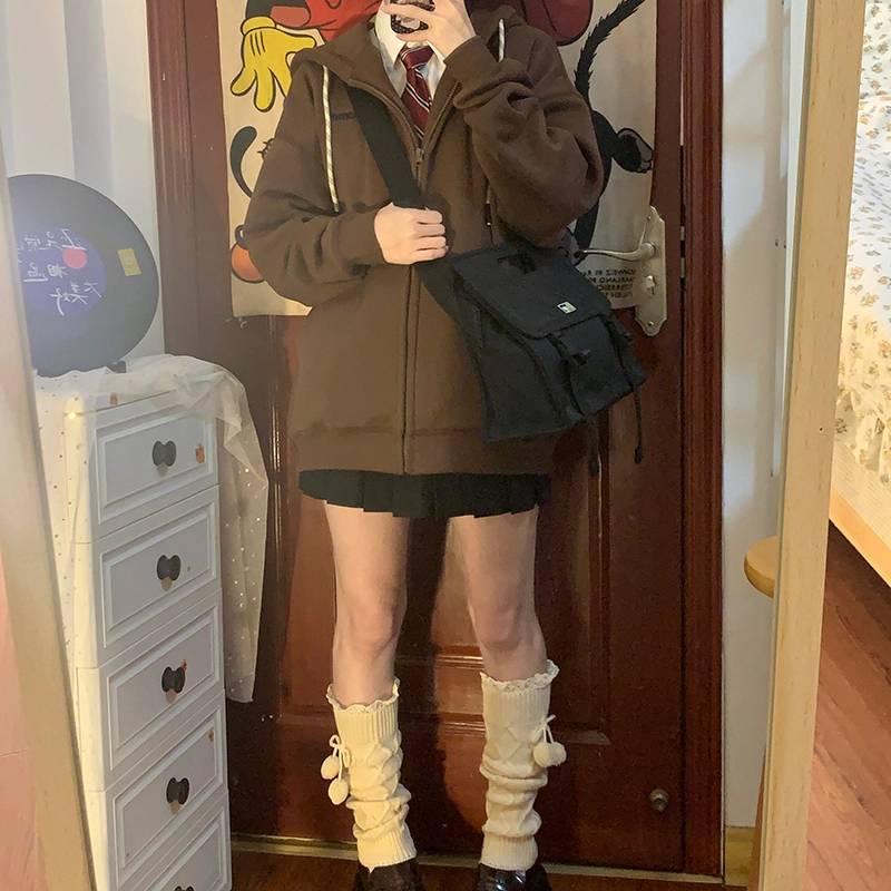 东鲸岁时记 纯色拉链宽松字母刺绣加绒开衫连帽卫衣 女款