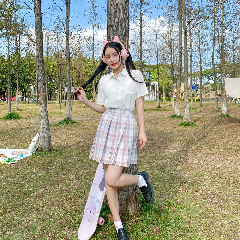 情人节女朋友 兔半眠 纯色短袖衬衫格裙制服套装 女款