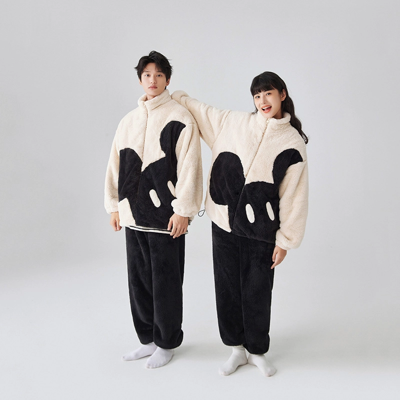 亲嘴猫珊瑚绒睡衣男秋冬卡加厚家居服套装