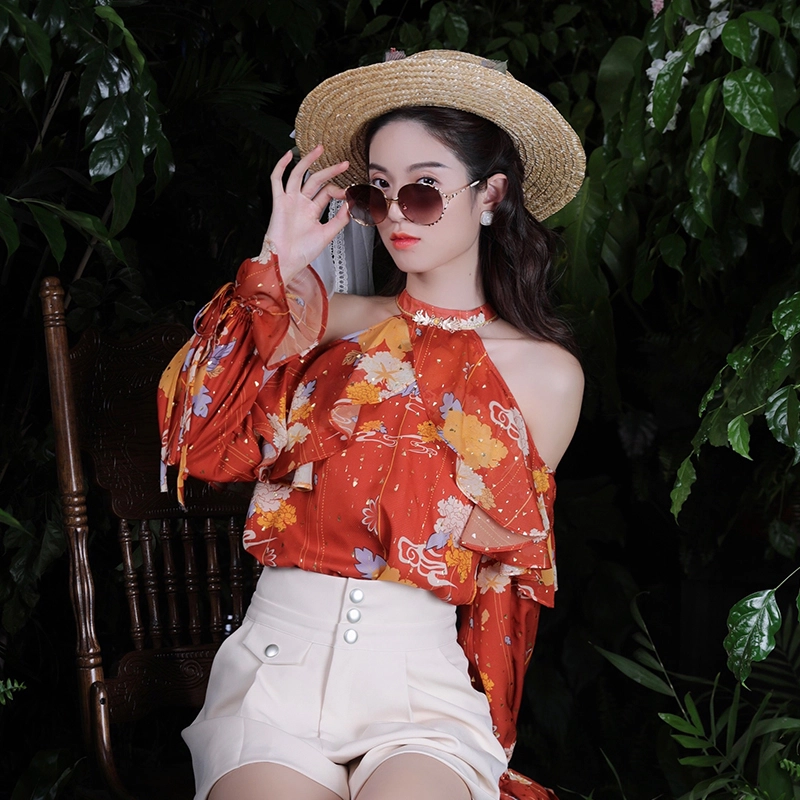 槿爷东方 挂脖露肩长袖衬衫 女款 阳红色