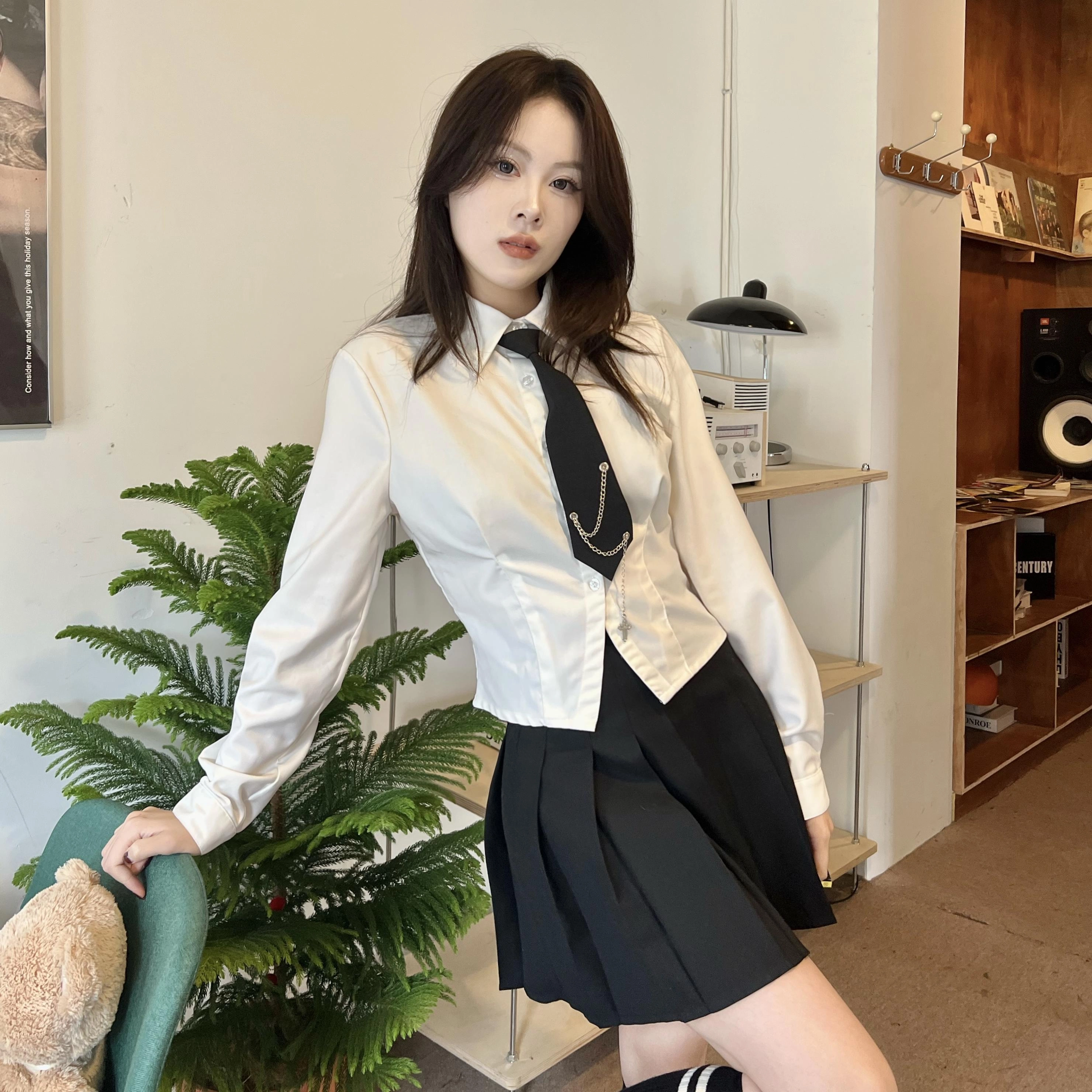 九条喵 短款领带长袖衬衫百褶半身裙制服套装 女款