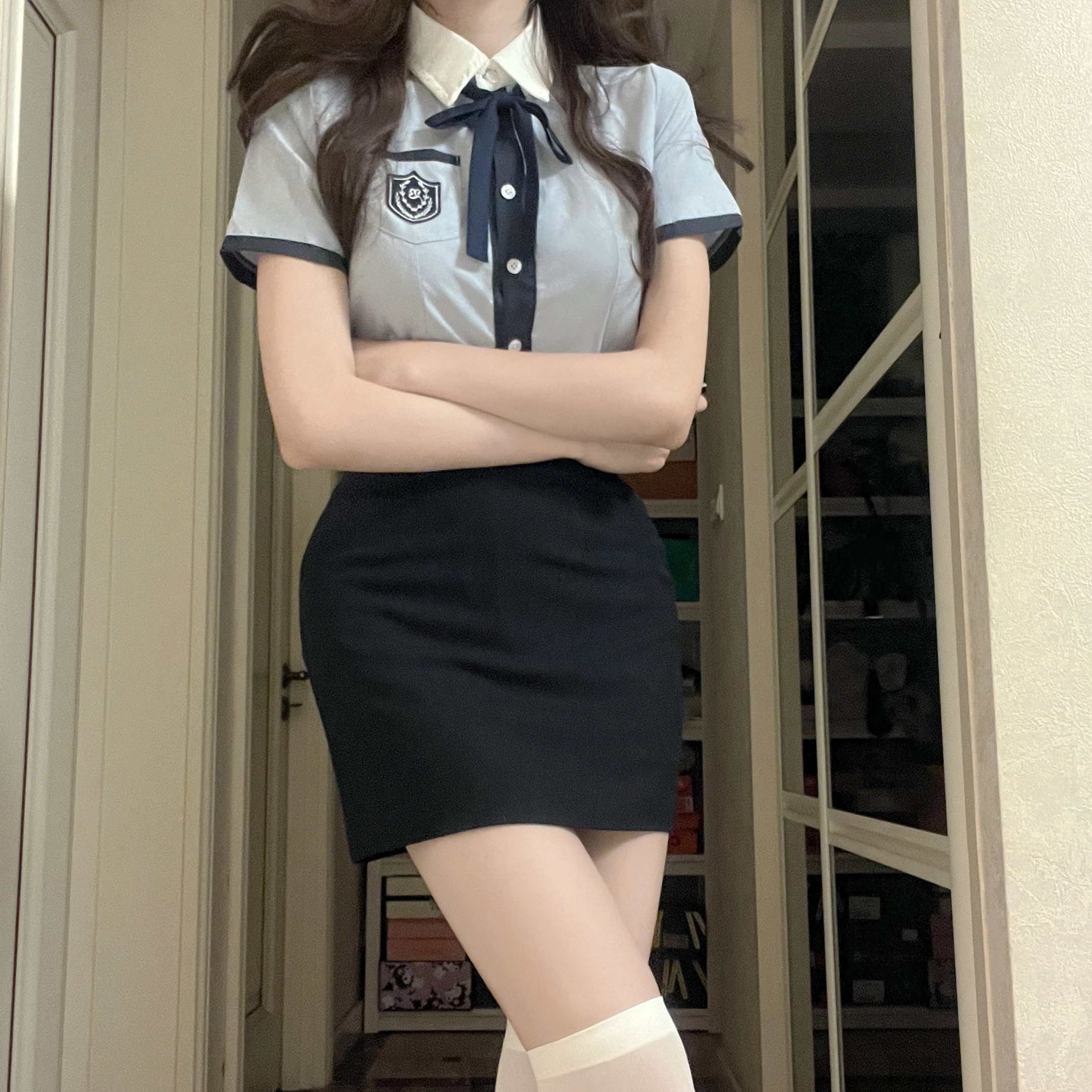 花山家的猫 拼接短款短袖衬衫纯色包臀裙制服套装 女款