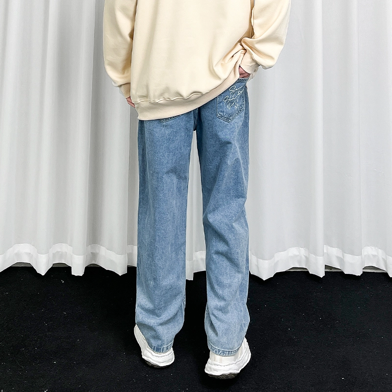 绘承 手写体字母后袋印花宽松直筒休闲牛仔裤 春季 男女同款