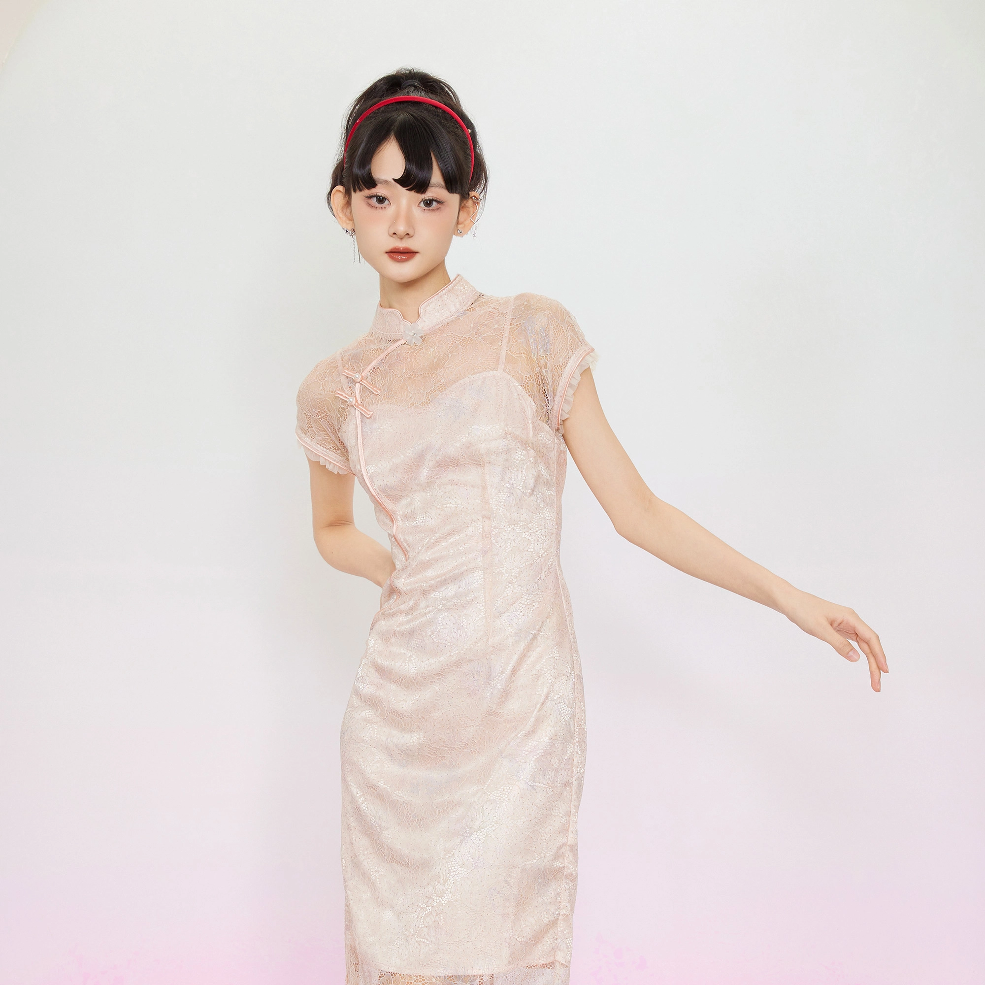 槿爷东方 中式复古纯色优雅短袖旗袍 女款 杏粉色