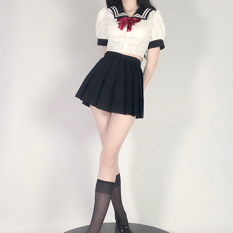 九条喵 撞色水手领蝴蝶结短款百褶裙制服套装 女款