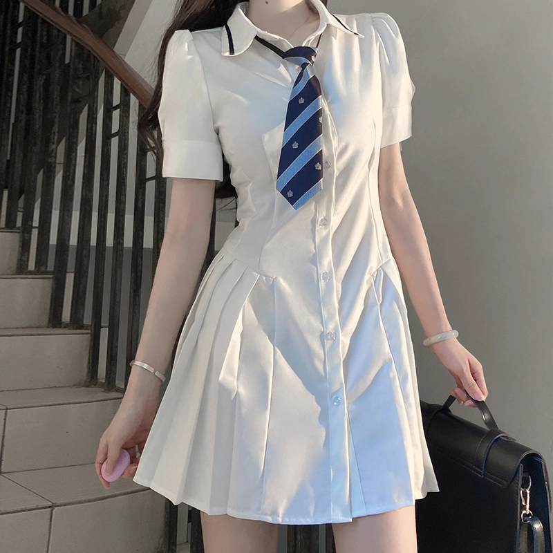 九条喵 小白川 纯色收腰衬衫式百褶短袖制服连衣裙 白色 开学季