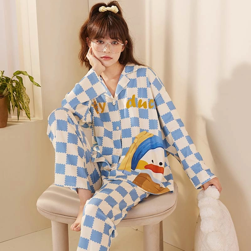 怡吾色 清新蓝色系印花可爱鸭家居服套装 可外穿睡衣 情侣款