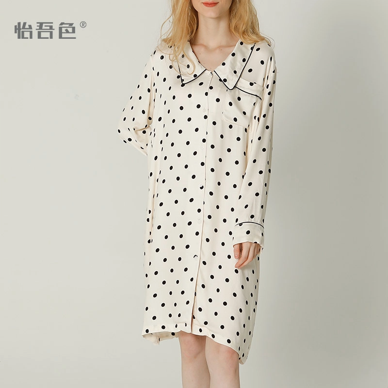 怡吾色 睡衣女 休闲小尖领长袖睡裙 清新印花波点家居服睡裙
