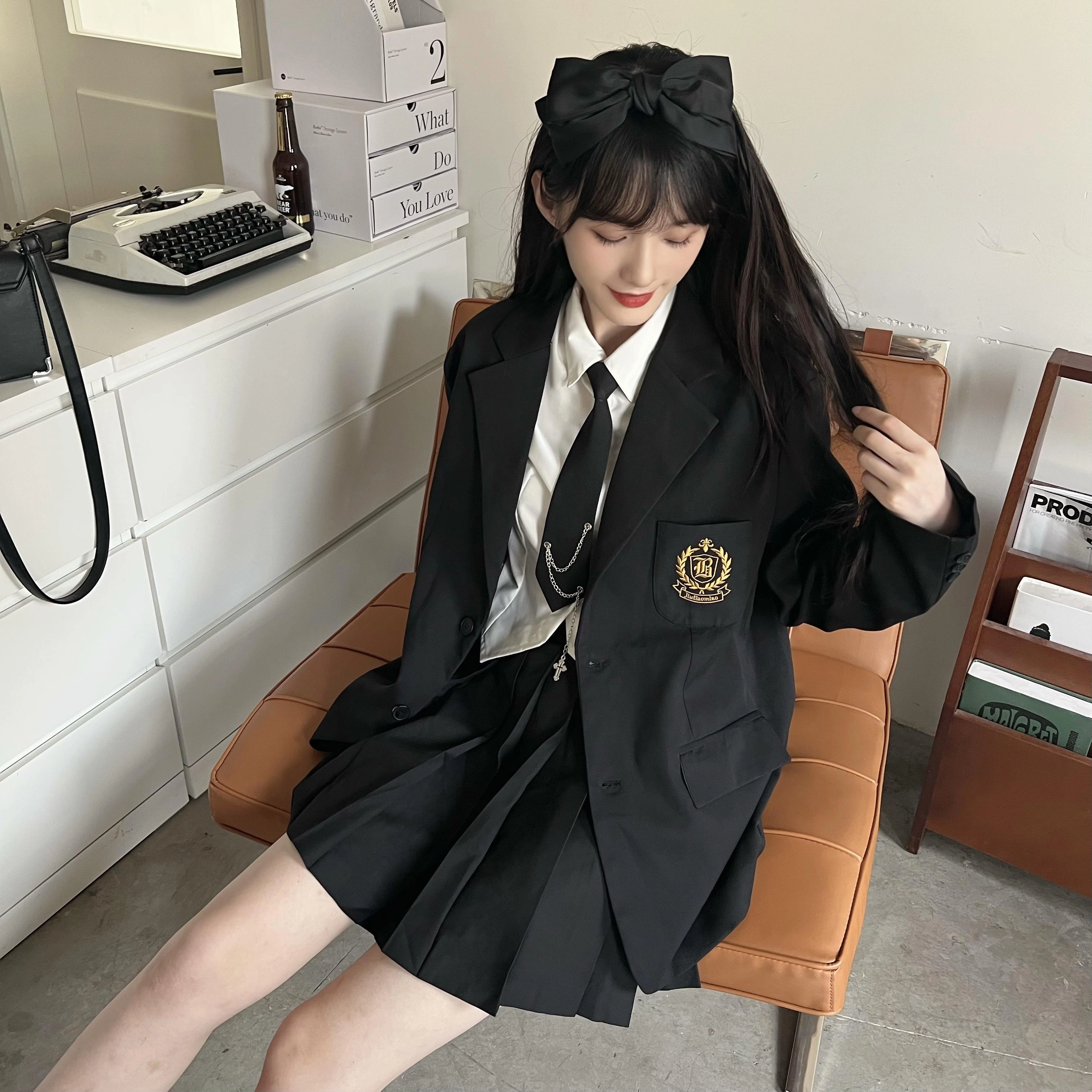 九条喵  纯色西装领单排扣长袖宽松西装 男女同款情侣款 黑色