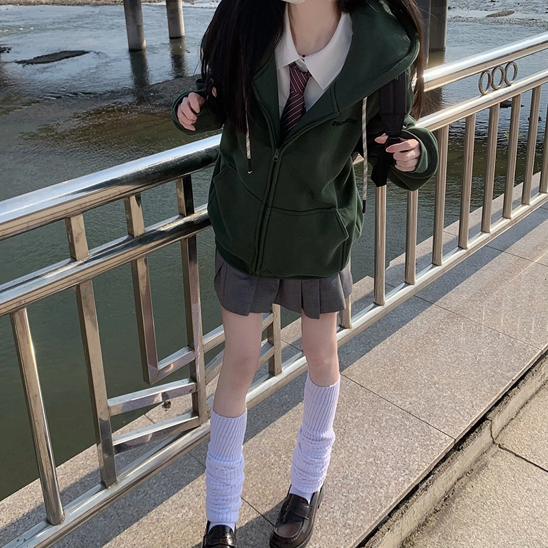 东鲸岁时记 纯色拉链宽松字母刺绣加绒开衫连帽卫衣 女款