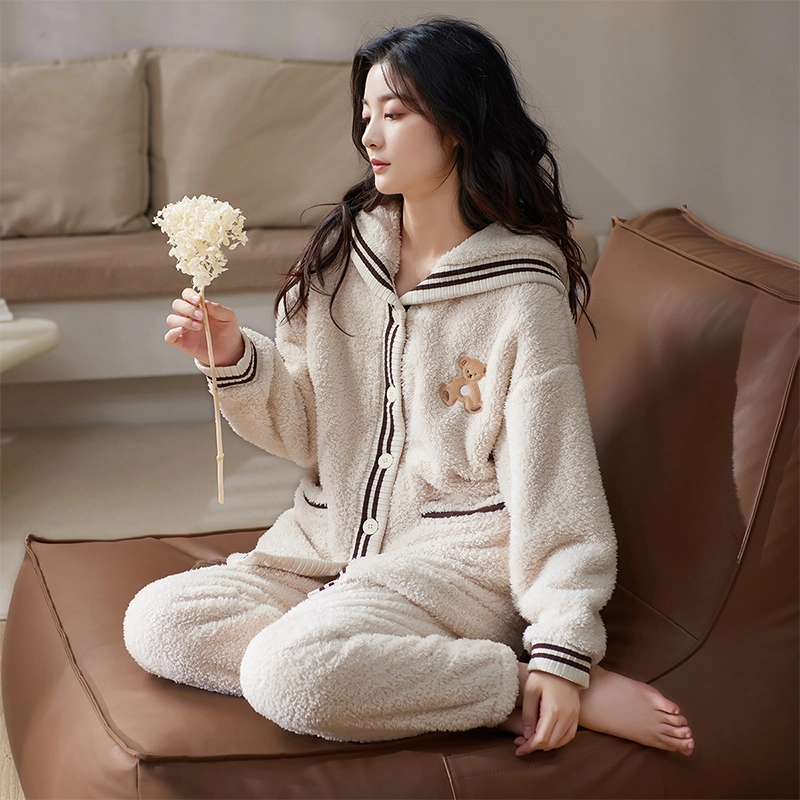 小情歌 珊瑚绒睡衣 冬季 加厚加绒保暖御寒家居服 女款  米白色