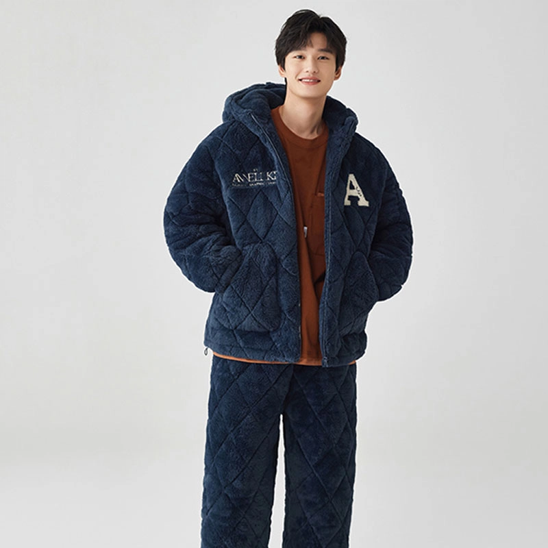 亲嘴猫 睡衣男冬季法兰绒保暖加厚三层夹棉套装连帽家居服宽松