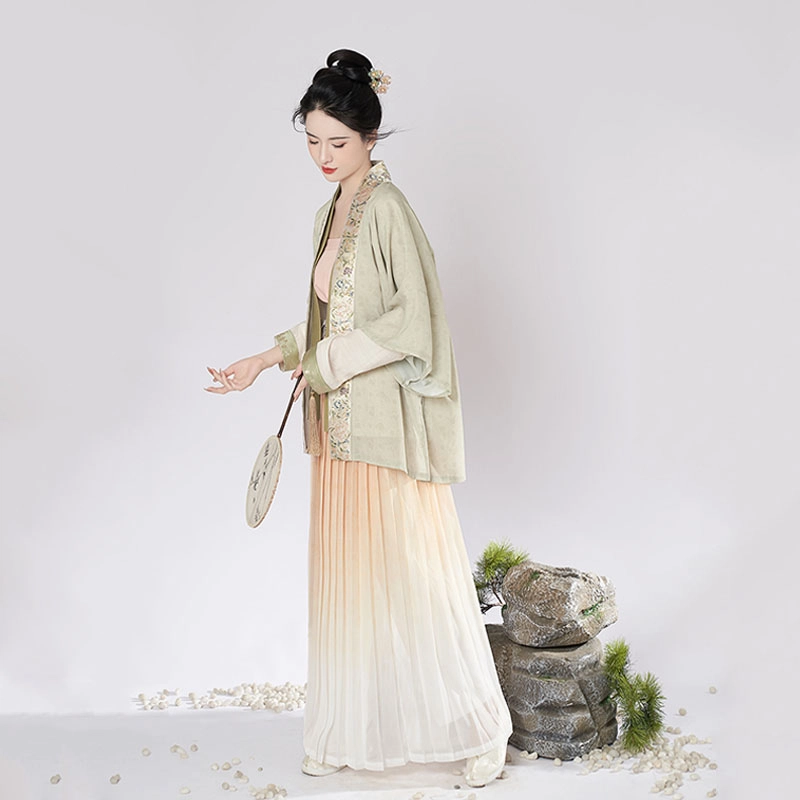 织造司 挽秋 宋制妆花直领对襟半袖飞机袖改良宋抹褶裙四件套汉服 女款