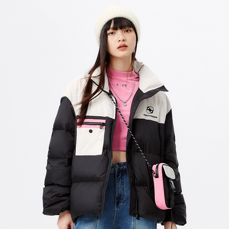太平鸟女装 字母印花撞色立领拉链羽绒服 女款