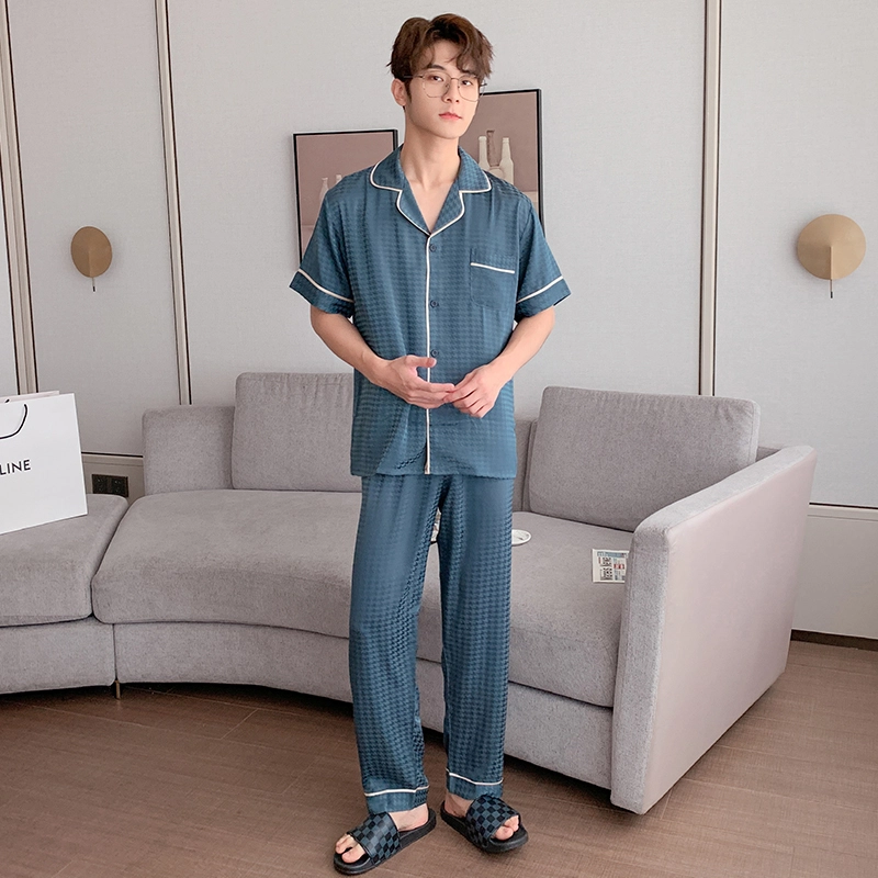 棉基因 夏季冰丝短袖三件套睡衣 翻领开衫千鸟格家居服套装 男款 灰绿色