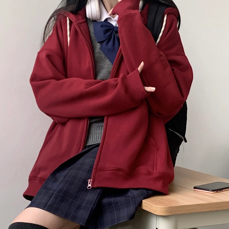 东鲸岁时记 纯色拉链宽松字母刺绣加绒开衫连帽卫衣 女款