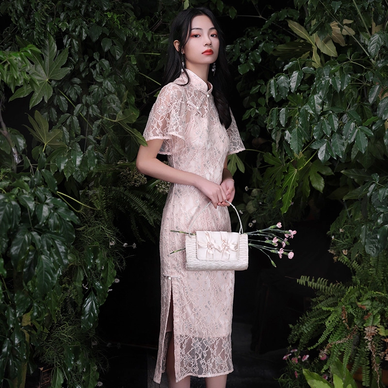 槿爷东方 少女蚀骨 蝶汐蕾丝纯色优雅短袖旗袍 女款 银杏粉