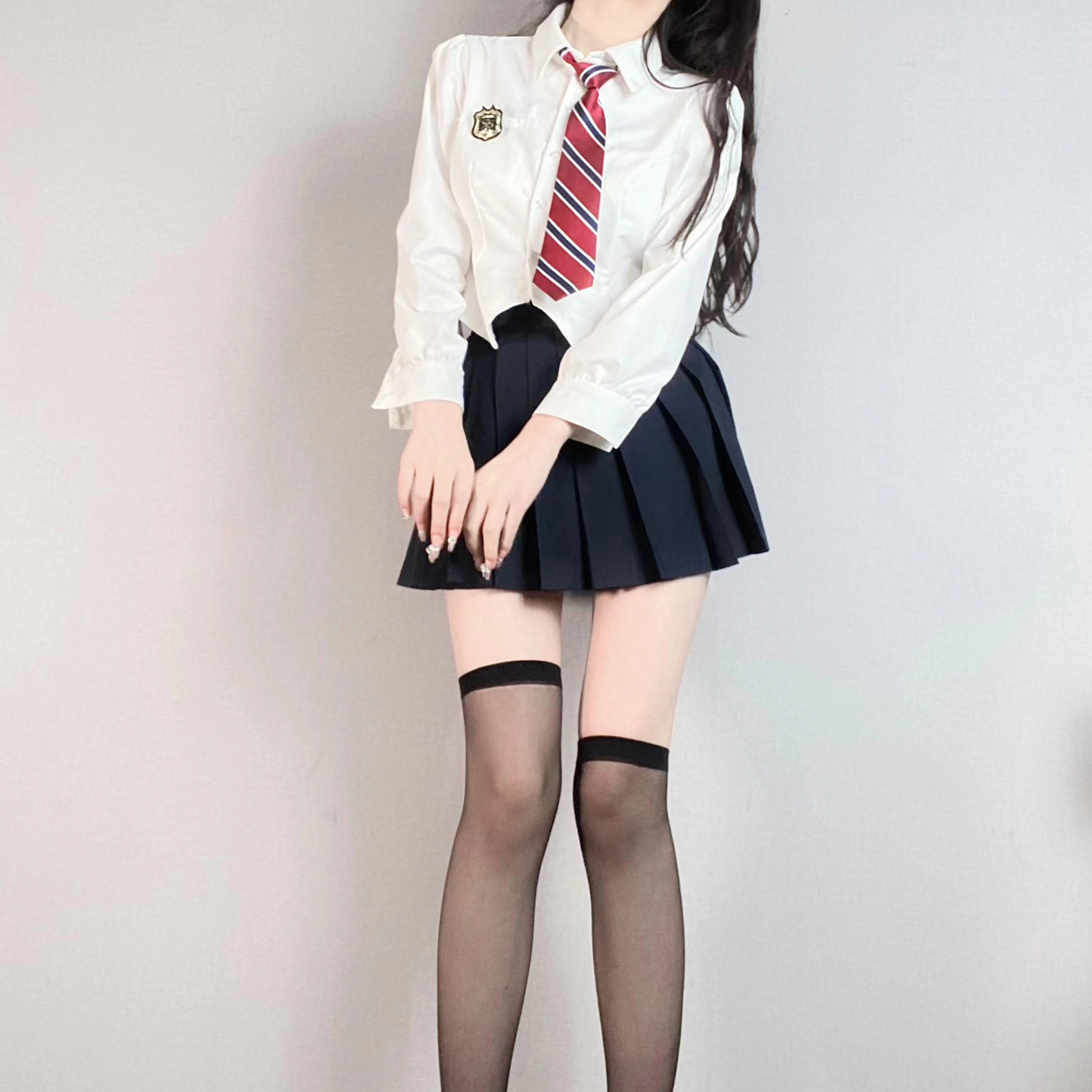 九条喵 翻领长袖衬衫纯色短款半身裙百褶裙制服套装 女款