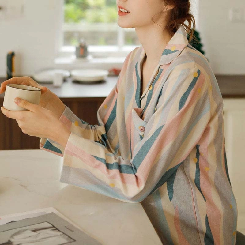 怡吾色 油画系列 长袖条纹睡衣家居服简约宽松长袖套装 春夏季 男女款