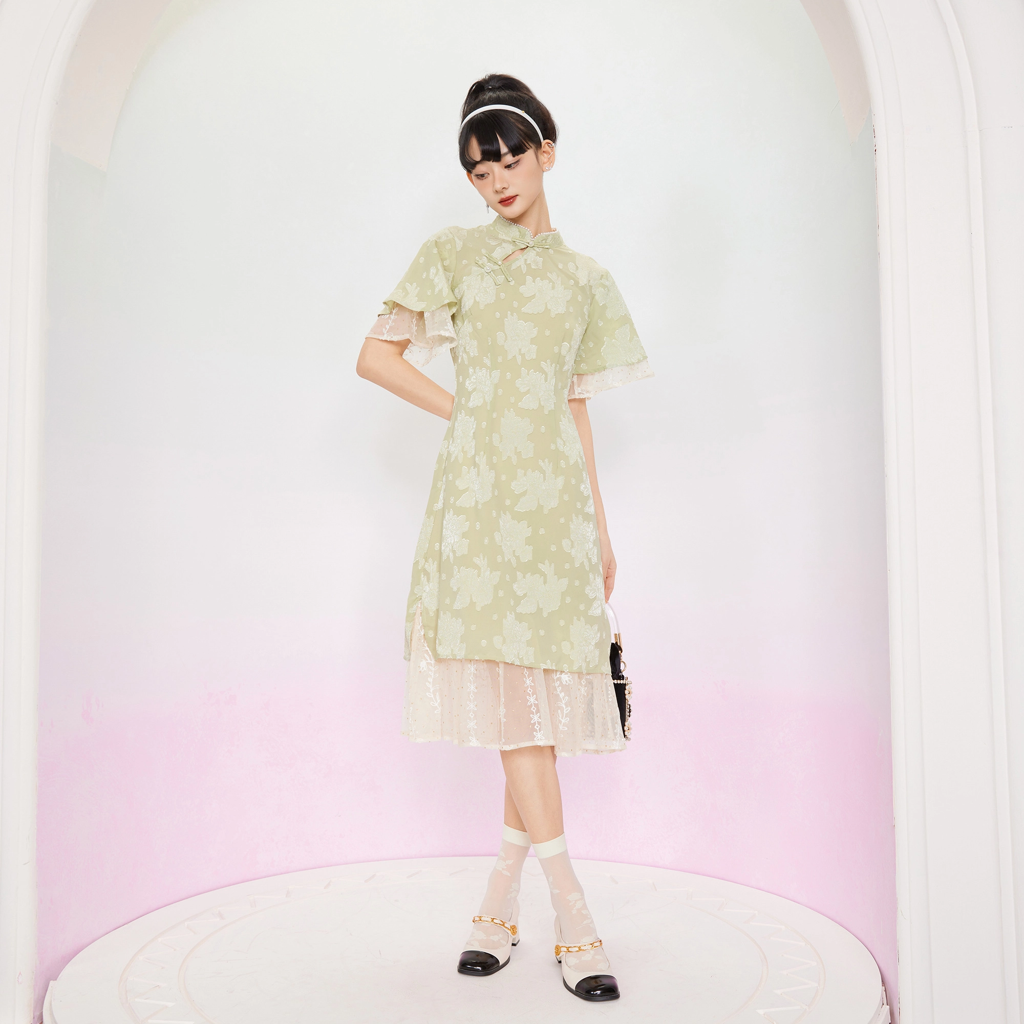 槿爷东方 假两件剪花纹样短袖旗袍 女款 桑绿色