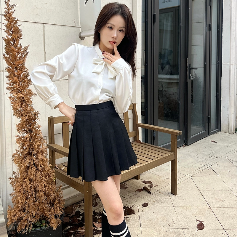九条喵 蝴蝶结纯色单排扣长袖衬衫 女款 白色