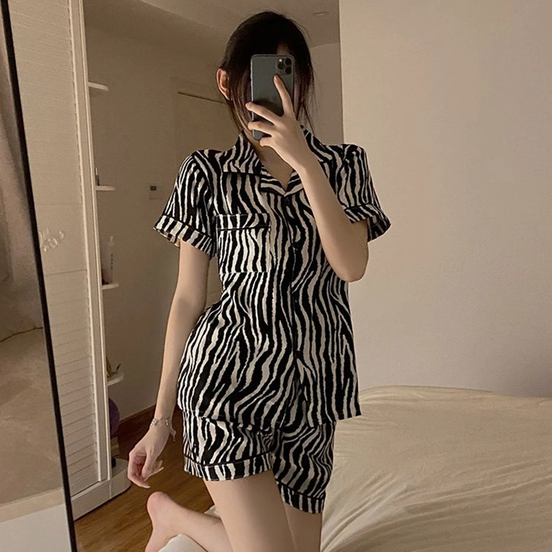 橡柠派 睡衣女夏季薄款冰丝短袖衬衫夏天凉感条纹开衫高级感家居服家居套装 女款 斑马纹