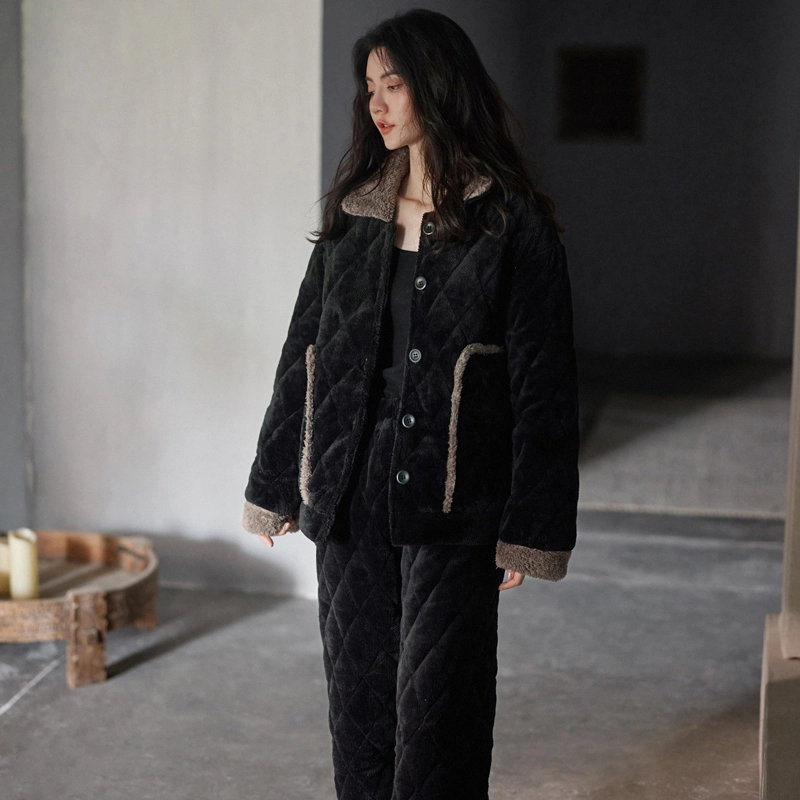 同语 冬季睡衣女三层夹棉珊瑚绒加厚家居服女士法兰绒加绒套装 家居套装