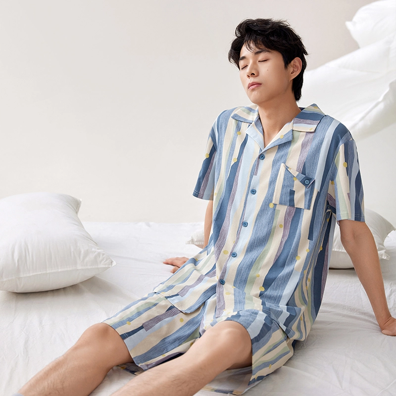安之伴 夏季棉质短袖休闲条纹家居服套装可外穿睡衣 男款 灰兰