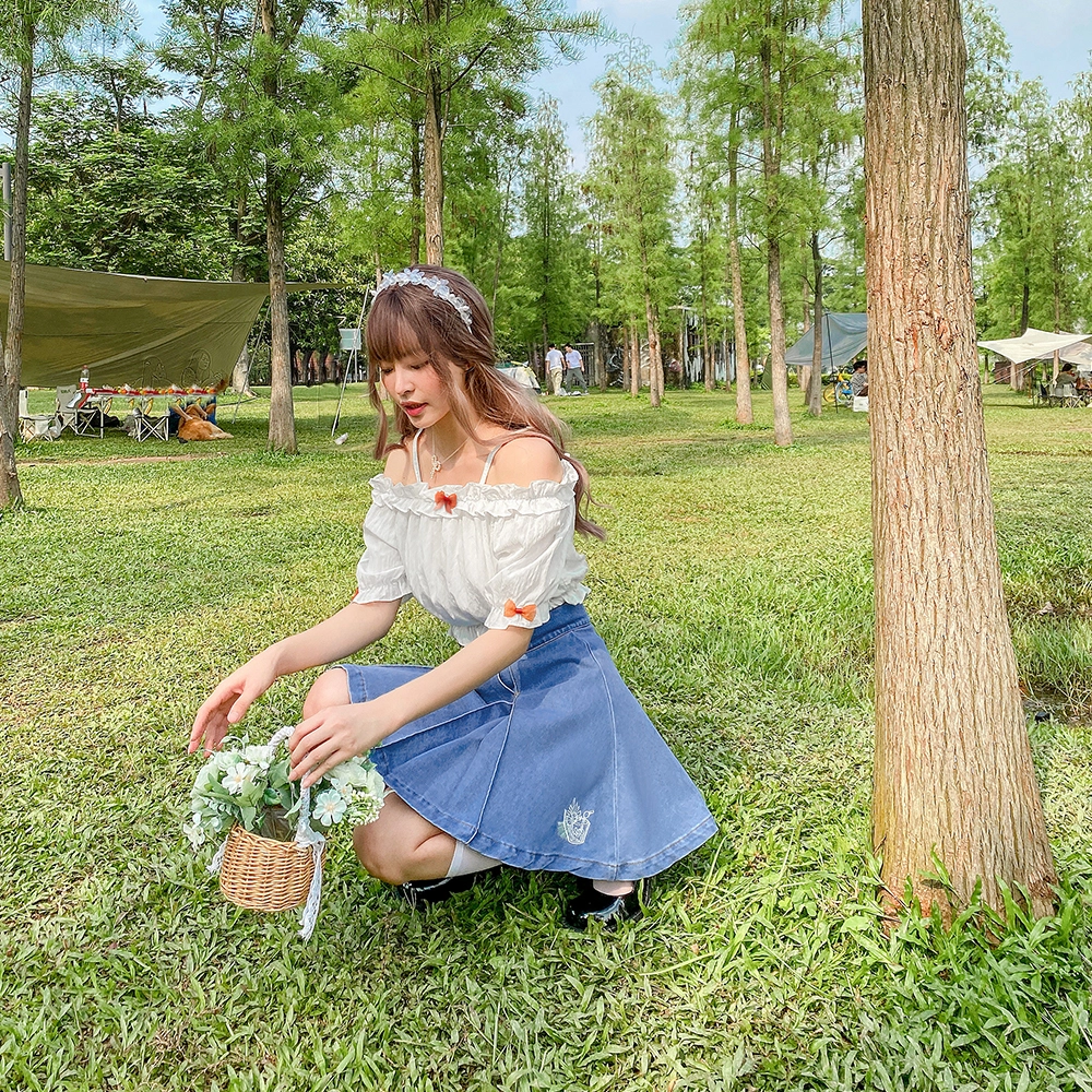 兔半眠 纯色吊带短袖上衣牛仔百褶裙制服套装 女款 开学季