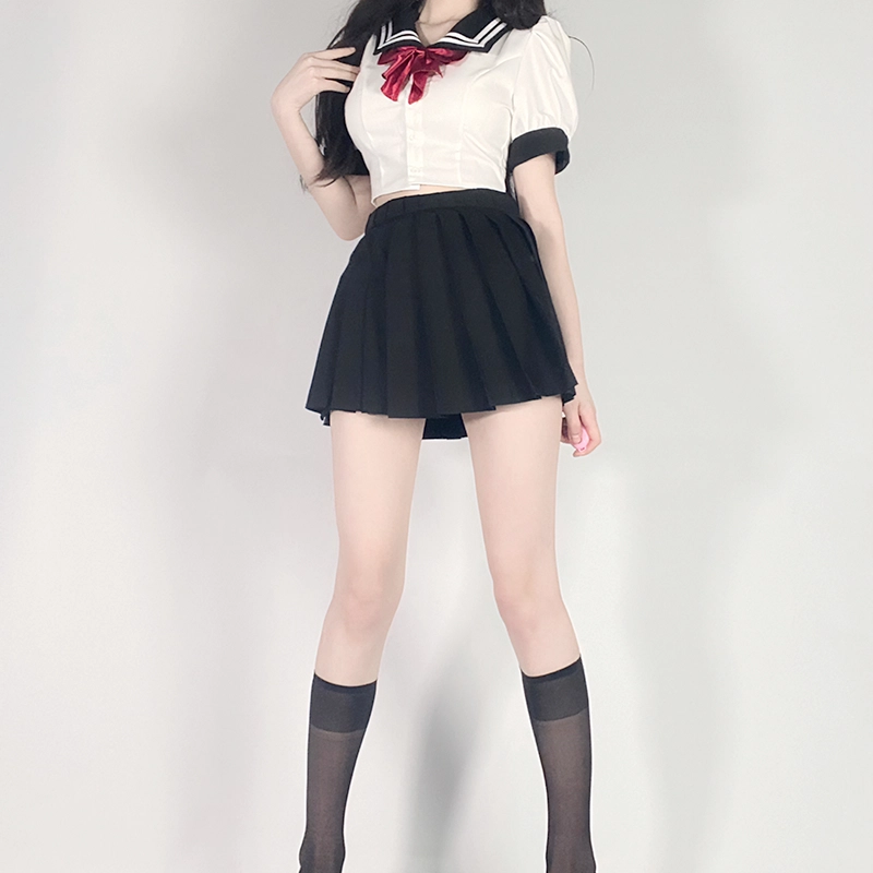 九条喵 撞色水手领蝴蝶结短款百褶裙制服套装 女款