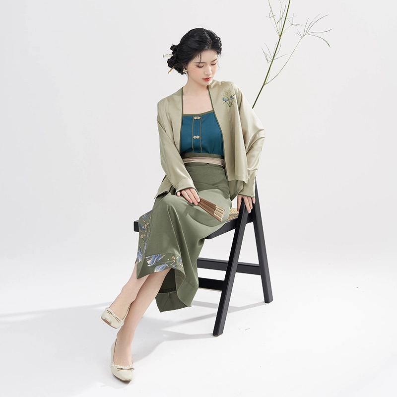 织造司 解幽 花卉刺绣开衫飞机袖修身改良主腰旋裙汉服 女款 灰绿色