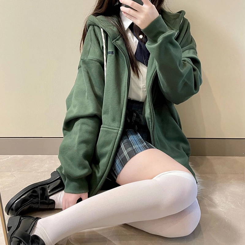 东鲸岁时记 纯色拉链宽松字母刺绣加绒开衫连帽卫衣 女款