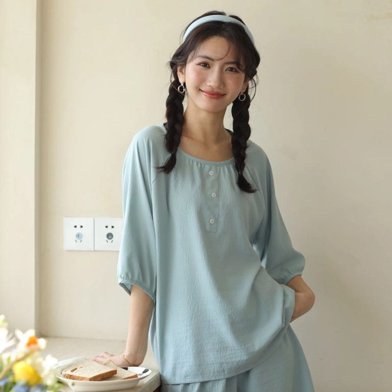 怡吾色 睡衣女夏季纯色肌理感短袖家居服简约可外穿 甜美可爱 女款