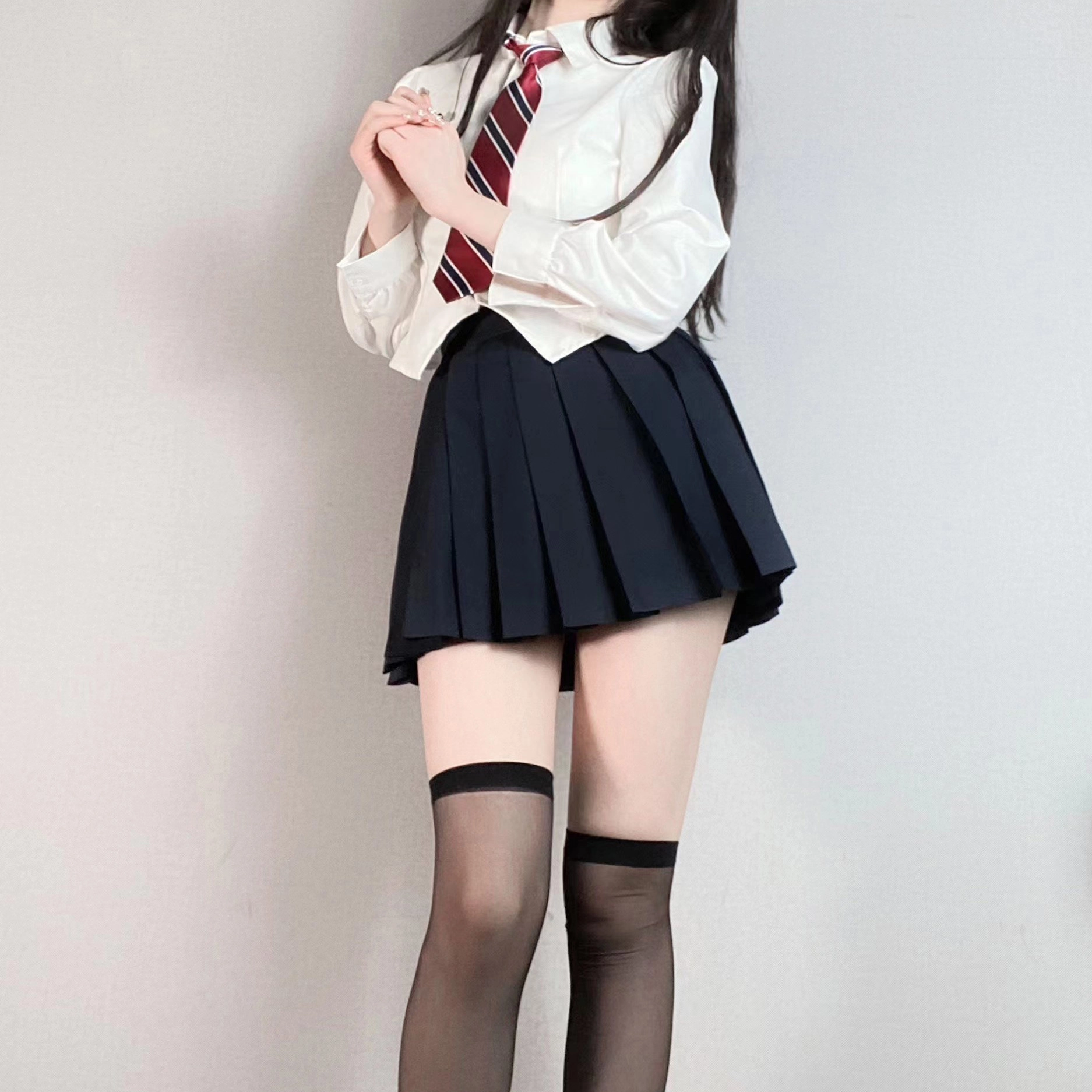 九条喵 翻领长袖衬衫纯色短款半身裙百褶裙制服套装 女款
