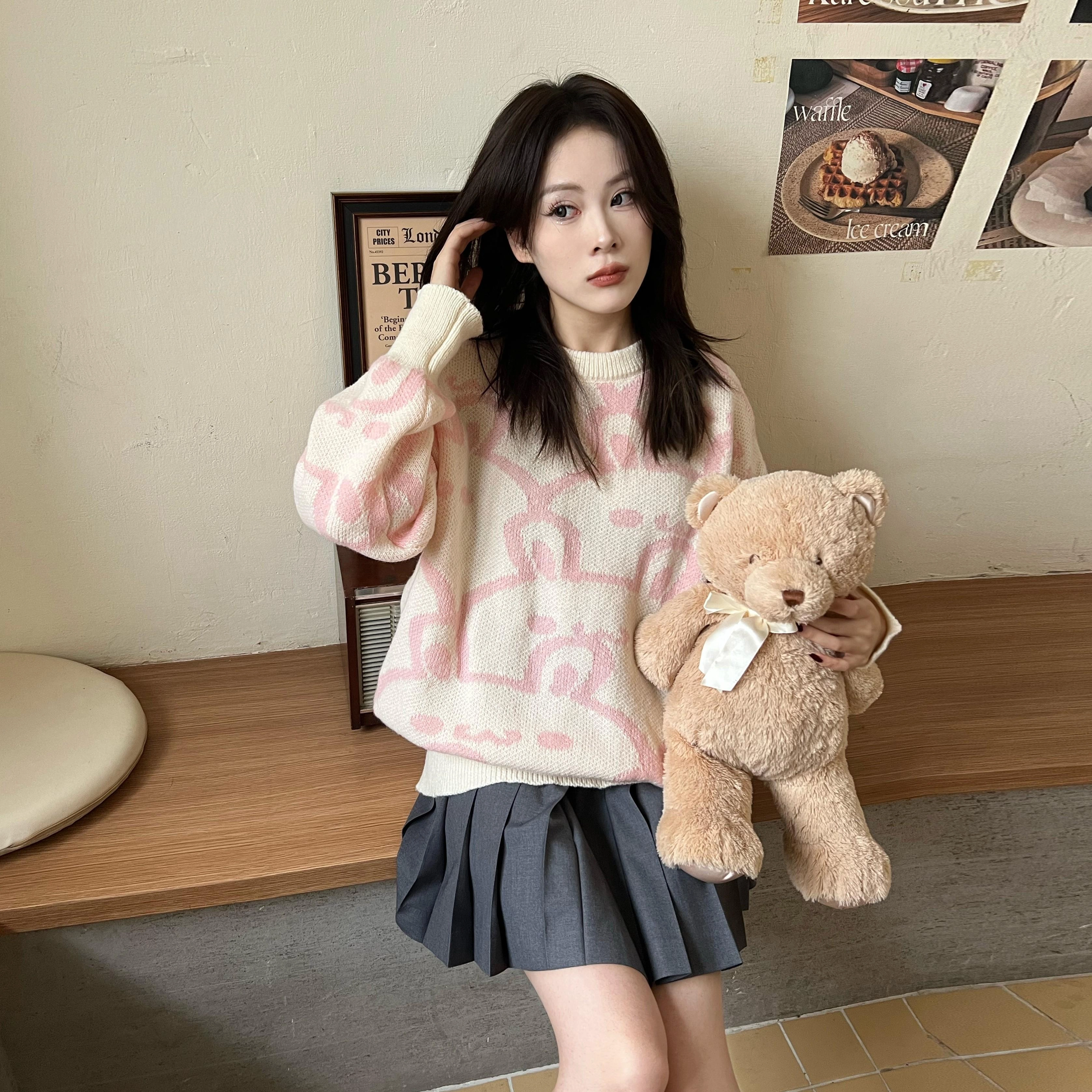 九条喵 小兔子印花宽松休闲针织圆领毛衣 女款 粉红色