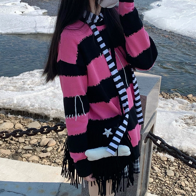 东鲸岁时记 条纹套头宽松撞色针织衫 女款 黑粉色