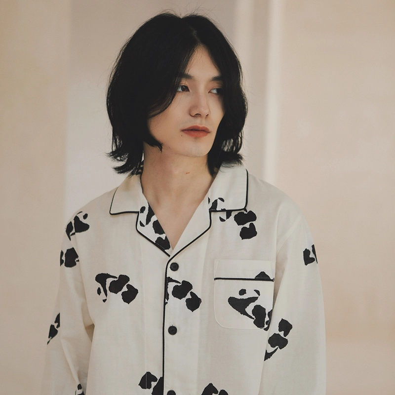 怡吾色 纯棉长袖睡衣家居服 简约清新熊猫印花情侣套装  可外穿