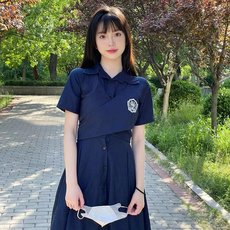 蝴蝶结绑带露腰纯色短袖不规则短袖连衣裙 女款 藏蓝色