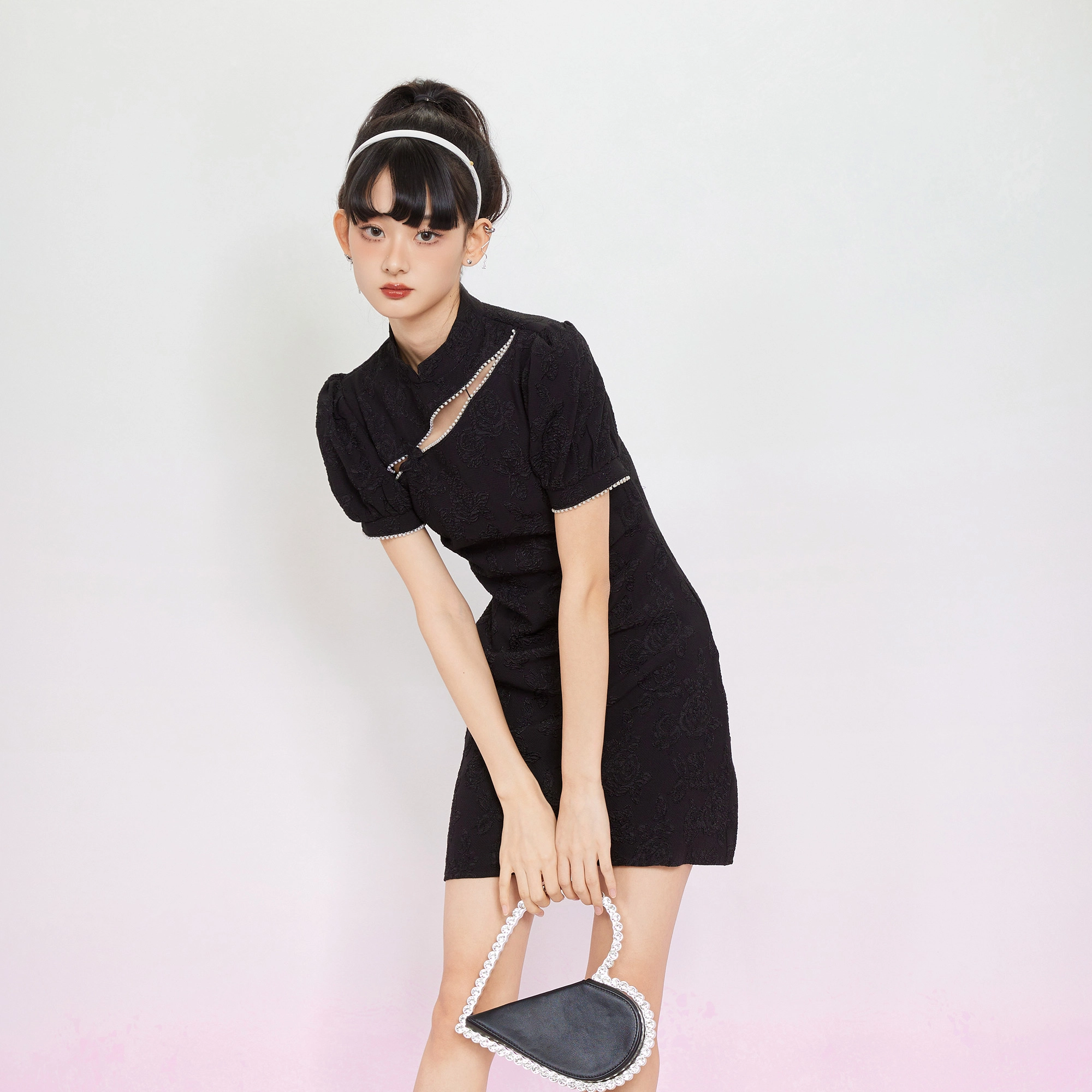 槿爷东方 提花蝴蝶镂空修身短袖旗袍 女款 黑色