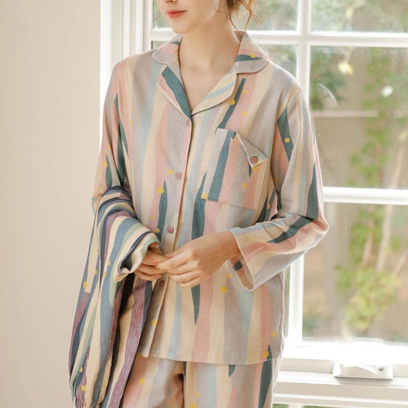 怡吾色 油画系列 长袖条纹睡衣家居服简约宽松长袖套装 春夏季 男女款