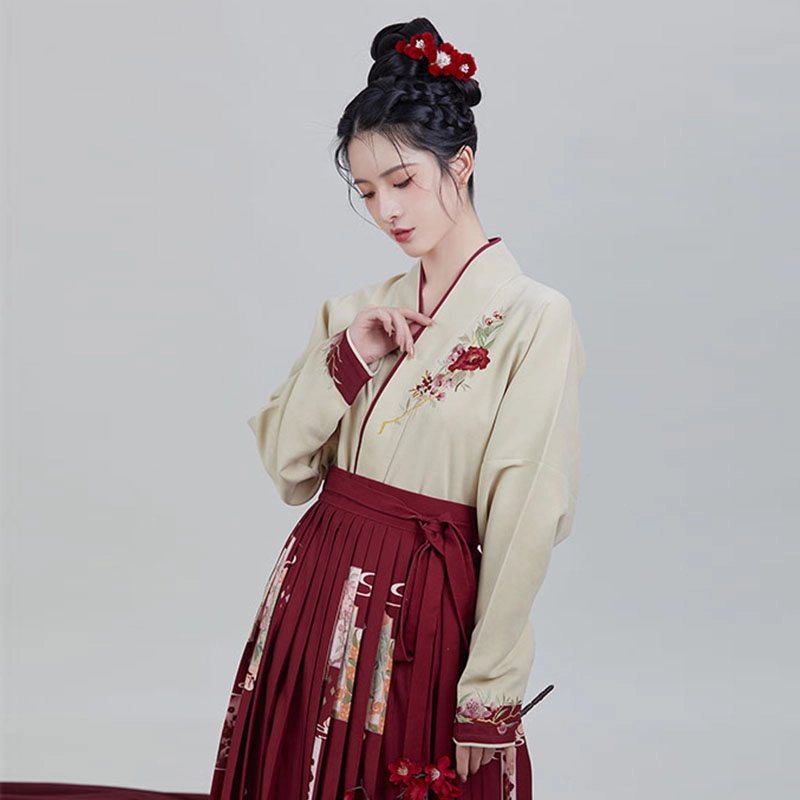 织造司 四花牌 长褙子飞机袖合身中长款合围裙一片式褶裙 冬汉服 女款